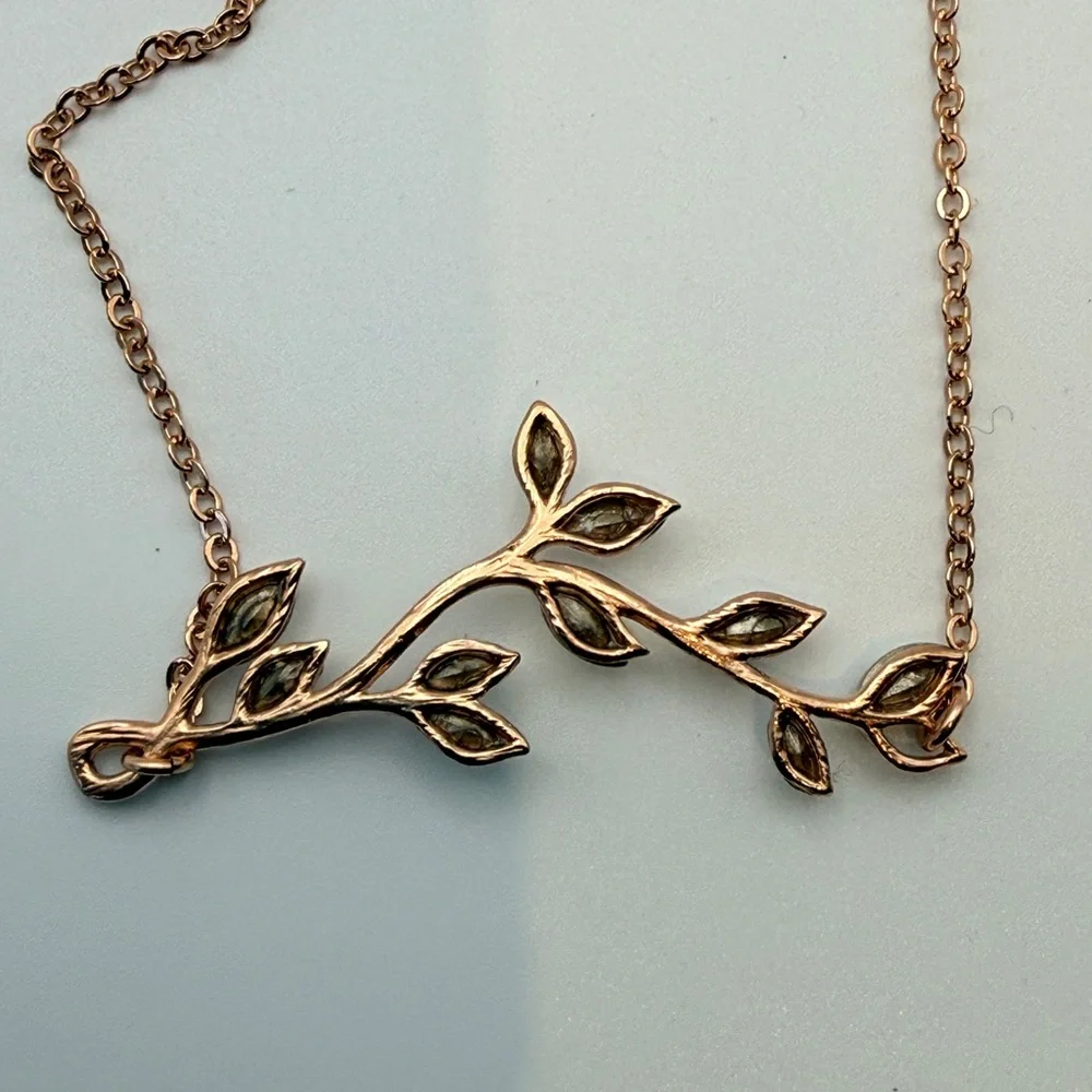 Rose Gold Leaf Branch Necklace with Clear Crystal Accents - Picture 3 of 4